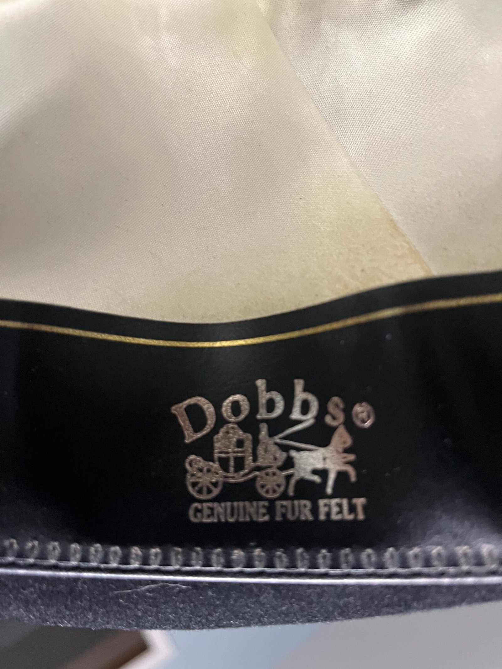 Dobbs Genuine Fur Felt maker's mark stamped in gold on the original black leather sweatband.