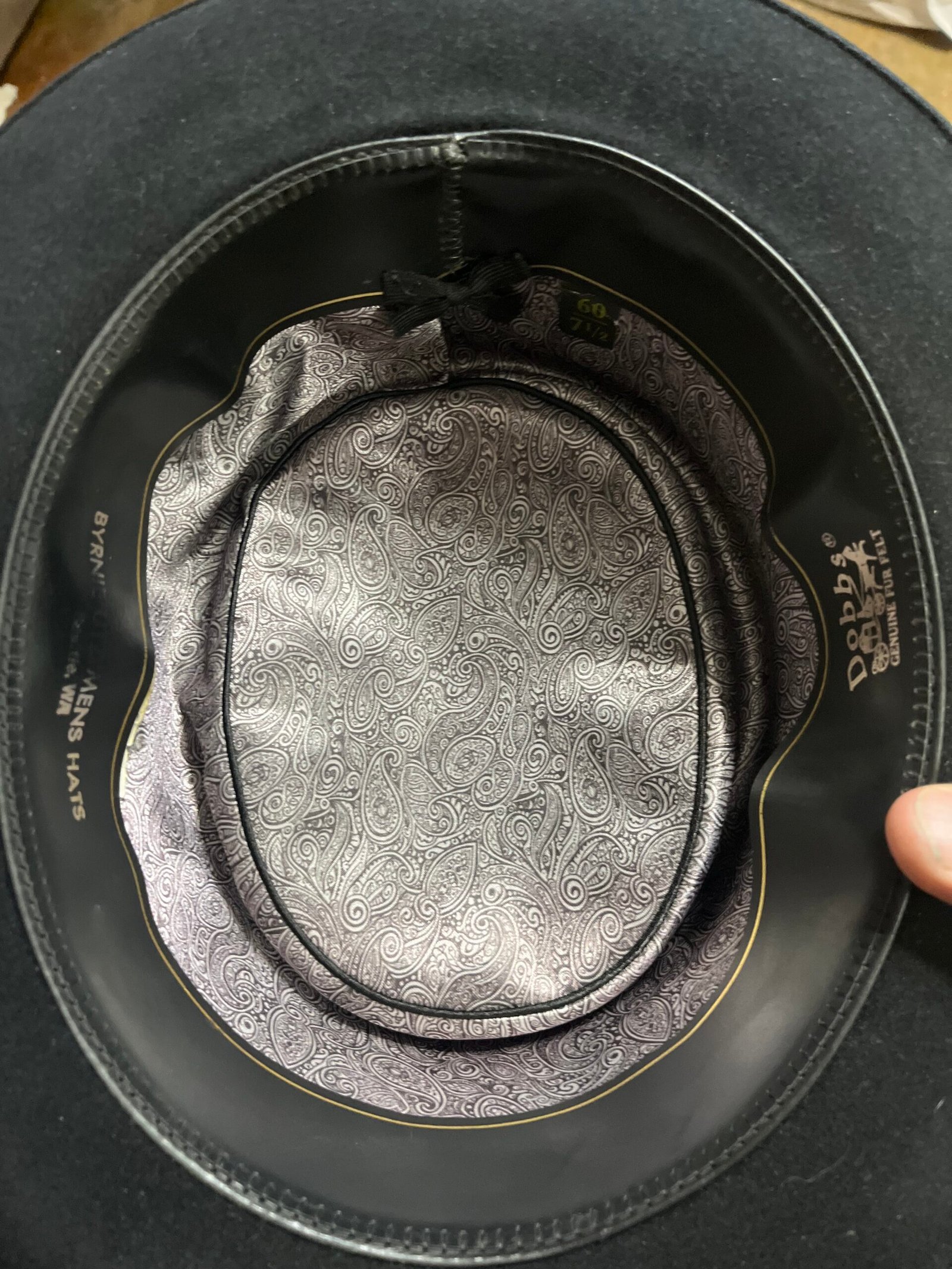 Finished interior of the renovated Dobbs hat with the new silver paisley liner installed.