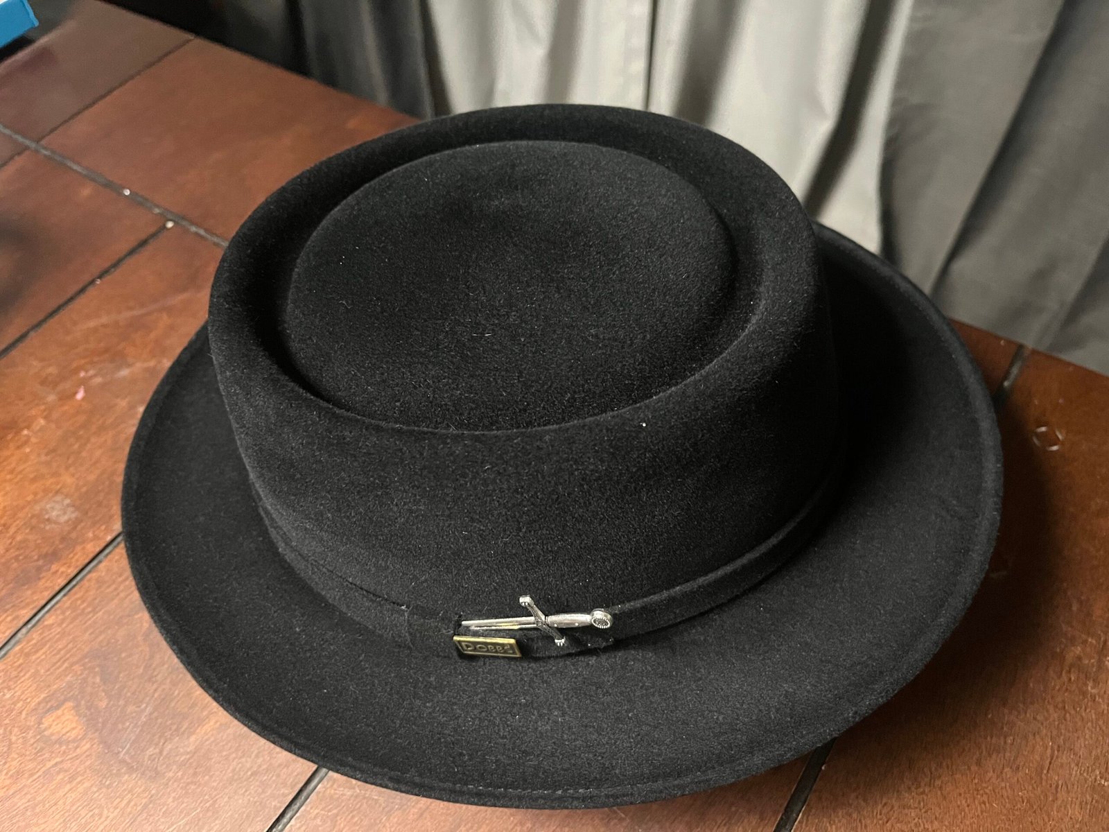 Overhead view after the second shaping showing the refined telescope crown and reshaped brim.