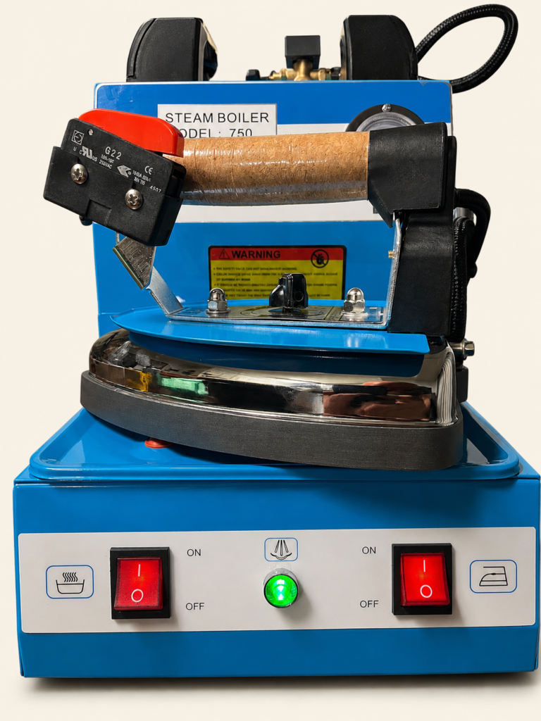ST-750 110 V steam boiler iron reference unit with iron, boiler controls, pressure gauge, and green pressure-ready indicator